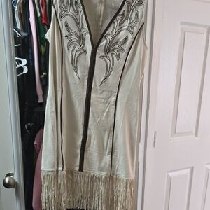 Lucky & Blessed Cream Fringe Sleeveless Dress with Brown Trim